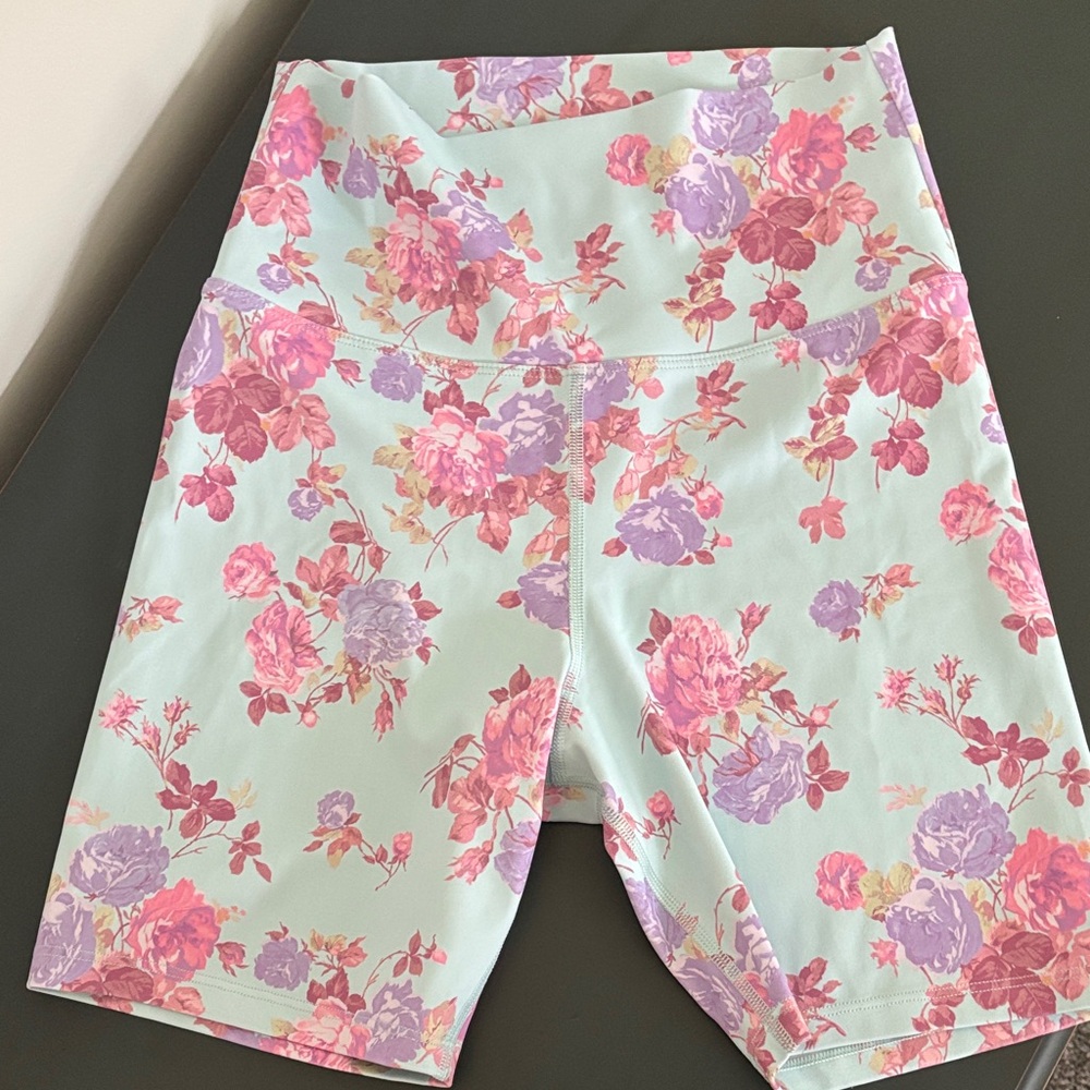 LoveShackFancy Mint Floral High-Rise Bike Shorts with Pink & Lavender Roses